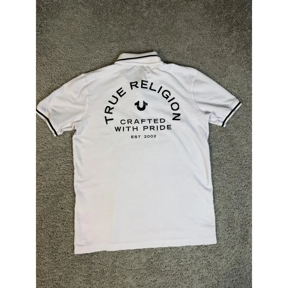 True Religion Polo Shirt Mens M White Pink Short Sleeve 100% Cotton Collared